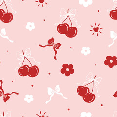 Seamless pattern cute coquette red cherry with cute coquette ribbon on color background. Vector illustration.	