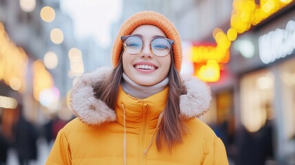 Happy young woman in winter jacket posing on urban street in daylight