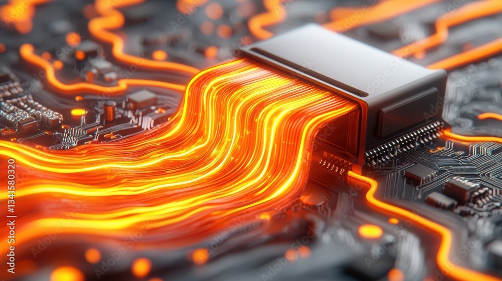 Poster a vibrant close-up of a circuit board with glowing orange currents, symbolizing advanced technology 