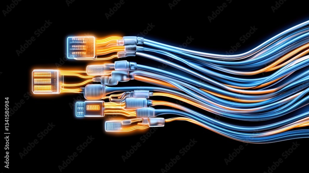 Poster a vibrant display of glowing cables representing digital connectivity and modern technology in a sle