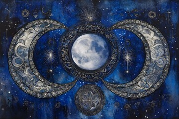 Naklejka premium An artistic representation of the moon surrounded by ornate crescent shapes and star motifs in a deep blue night sky. Concept Moonlit Artistry, Ornate Crescents, Star Motifs, Deep Blue Night Sky