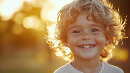 Child's joyful play in warm golden sunshine at outdoor park portrait
