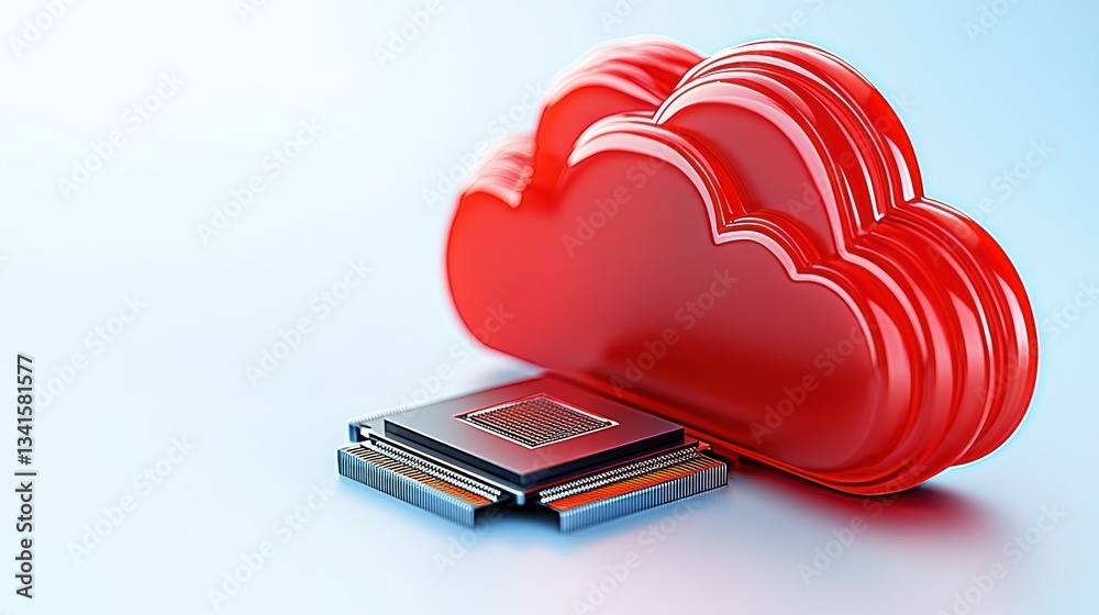 Poster A vibrant red cloud server icon next to a computer chip, representing modern cloud computing and technology advancements.