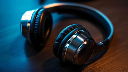A close-up of the metallic blue and black details on the earcup of a pair of headphones.
