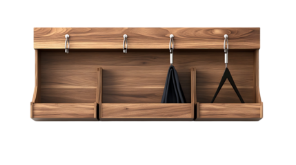 The image shows a modern, wall-mounted wooden coat rack with three storage compartments and metal hooks, holding a jacket and a hanger.