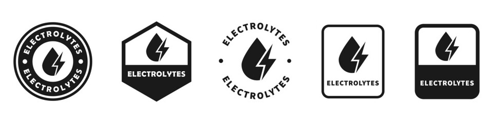 Electrolytes. Vector stamps for product packaging or bottle. Drop with thunderbolt.