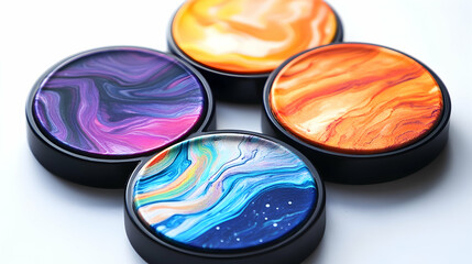 A collection of colorful swappable PopSockets with abstract fluid art designs in purple, orange, and blue.
