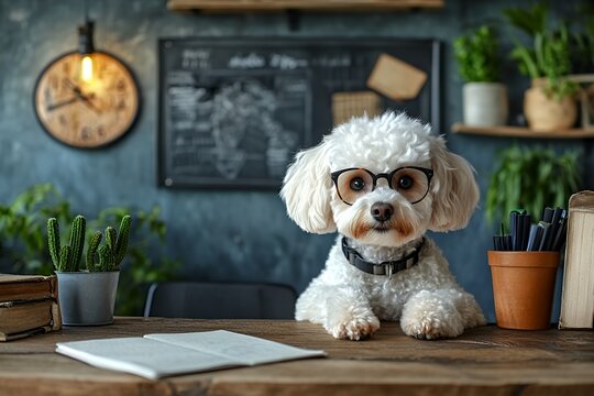 Adorable Dog Wearing Glasses in Cozy Home Office Setting