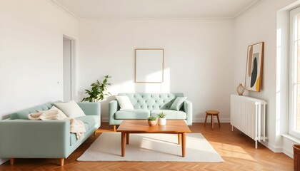 Minimalist living room, light gray couch, wooden floor, large window, natural light, potted plant, floor lamp, throw blanket, white walls
