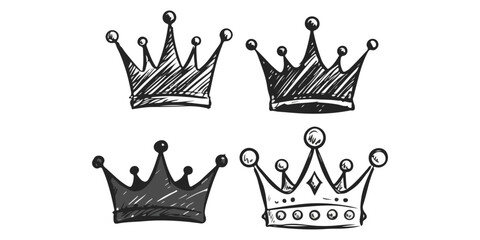 Hand drawn doodle set of grunge crayon collection of hand drawn doodles featuring rough crayon, charcoal, and chalk-style crown icons. These sketchy line illustrations depict various interpretations