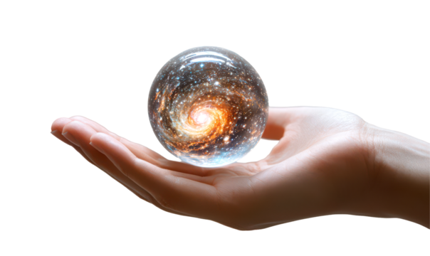 Tiny Galaxy Swirling in a Hand, Pocket-Sized Universe Display Isolate on Transparent Background, cutout, png