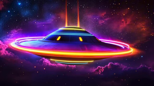 Glowing neon ufo spaceship is hovering in colorful nebula