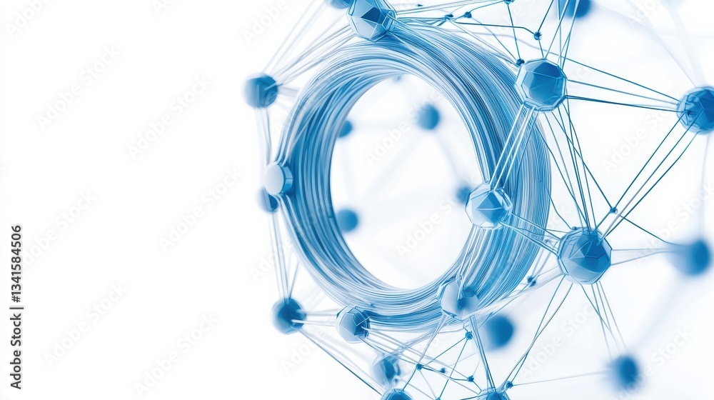 Poster Abstract representation of network connections and data flow in technology, featuring blue lines and geometric shapes.