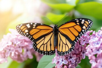 Naklejka premium Monarch butterfly on lilac, garden sun