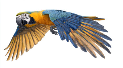 vibrant blue and yellow macaw soaring gracefully through air, showcasing its stunning feathers and wingspan. This majestic bird embodies freedom and beauty in nature © Duangsaeng