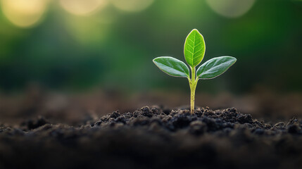 Fototapeta premium Earth Day concept: delicate green seedling sprouting from fertile soil with soft-lit details. Minimalist bokeh background, shallow depth of field, and eco-themed high-res growth symbolism