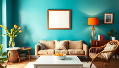 Retro living room, teal blue wall, wicker rattan chair, orange lamp, wooden side table, framed mirror, bookshelf, cozy interior, mid-century modern design