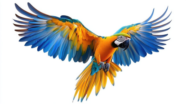 vibrant macaw parrot with colorful feathers soaring gracefully through air, showcasing its stunning wingspan and bright hues of blue and yellow