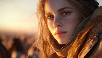 Fototapeta premium Girl sunset portrait, field background, pensive mood, story illustration