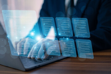 Businessman using AI-powered document analysis enhances data extraction, automates information...