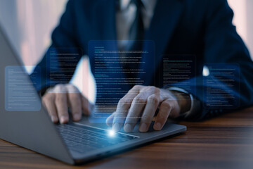 Businessman using AI-powered document analysis enhances data extraction, automates information...
