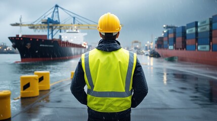 Dock worker wearing safety vest, watching ships in rainy port.