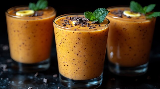 Three glasses of orange smoothie with banana and chocolate. - Powered by Adobe