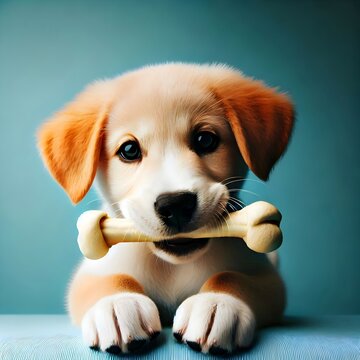 Cute dog with a bone on a blue background