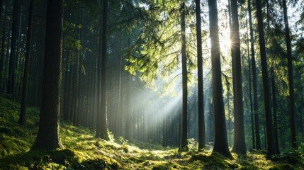 Obraz premium A serene forest scene with sunlight filtering through tall trees, casting soft rays onto lush green undergrowth, Perfect for nature-themed projects, wellness content, or relaxation visuals,
