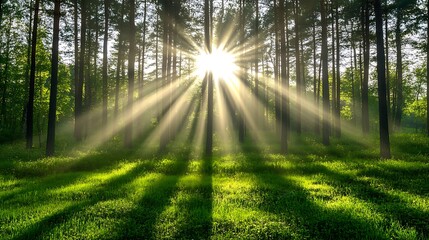 Fototapeta premium Sunbeams shining through tall trees in a lush forest