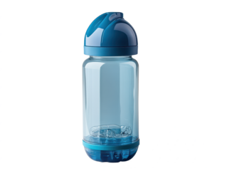 Clear plastic water bottle with blue cap and secure lid ideal for fitness, hydration, and outdoor activities, showcasing a white background and simple design