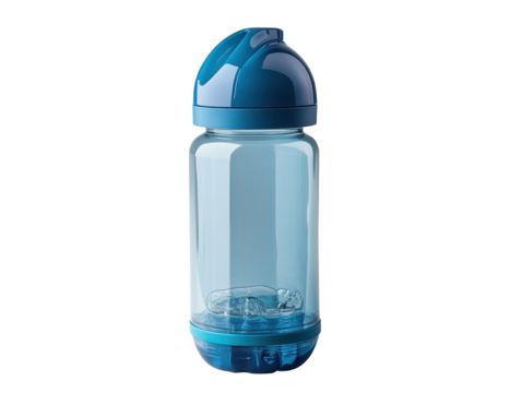 Clear plastic water bottle with blue cap and secure lid ideal for fitness, hydration, and outdoor activities, showcasing a white background and simple design