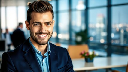 Obraz premium Smiling adult businessman in office
