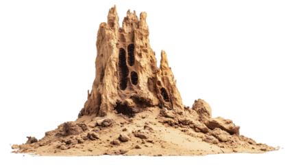 Eroded sandstone formation displays several dark oval shaped cavities