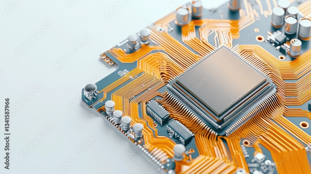 Poster Close-up of a computer circuit board with golden connections and a central processing unit, showcasing intricate electronic design.
