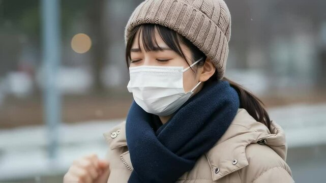 小雪の降る中、厚着のマスクをした女性が小さな咳をする