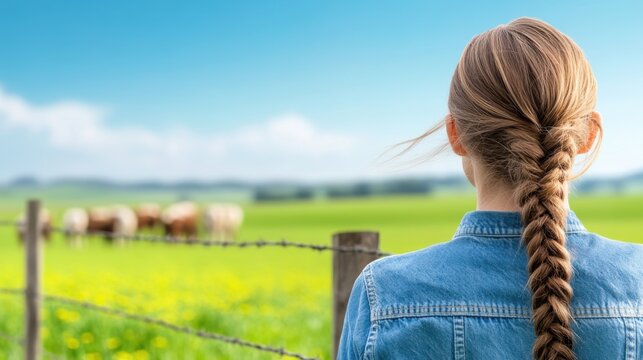 Girl with braided hair looking at cows in a green field, behind a barbed wire fence, under blue sky. - Powered by Adobe