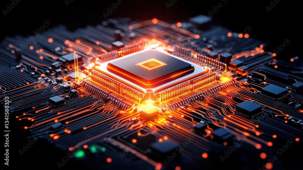 Poster Close-up of a glowing microchip on a circuit board, showcasing intricate patterns and lighting effects in a technological environment.