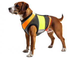 Dog Wearing Bright Safety Vest Stands Proudly in Profile, Showcasing Features of Comfort and Style in Outdoor Environment