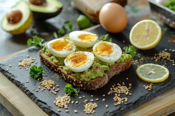 Sliced avocado toast with eggs on rustic slate board. Neural network AI generated