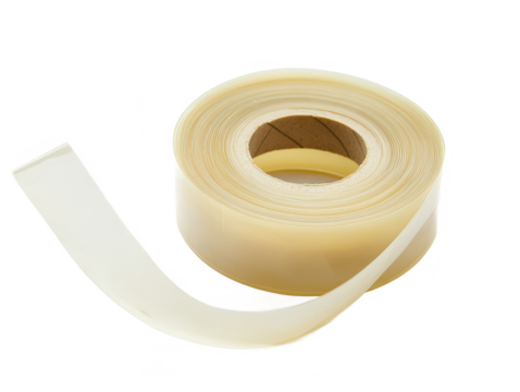 Transparent adhesive tape roll on a white background with a portion unrolled, showcasing its smooth surface and flexibility for various applications.
