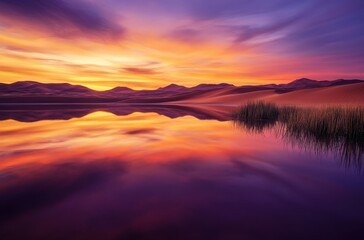 Fototapeta premium Quiet desert oasis at sunset, mirror water reflecting fiery
