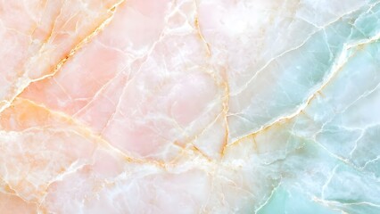 Fototapeta premium A close-up of a colorful marble or gemstone texture featuring soft pastel hues of pink, white, and light blue with golden veins. Concept Colorful Marble Texture, Pastel Gemstone Design