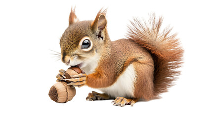 Obraz premium Cute red squirrel sits and enjoys a shelled nut