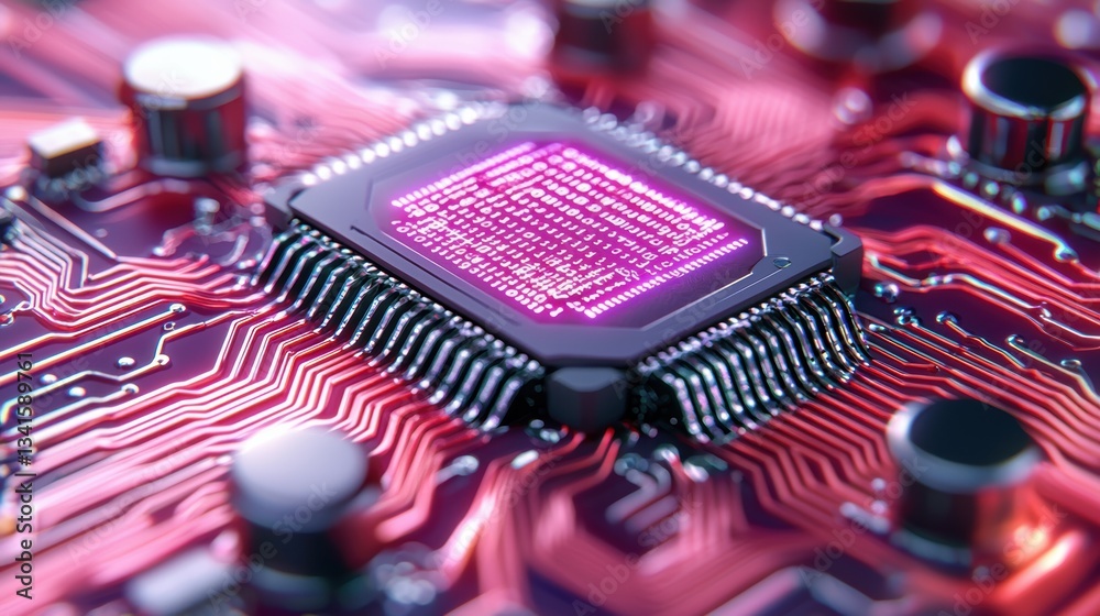Poster Close-up of a vibrant microprocessor on a circuit board, showcasing intricate details and modern technology in a digital age.