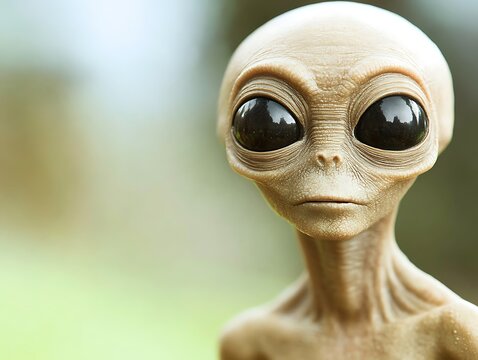 Close up of grey alien in front of blurred green nature