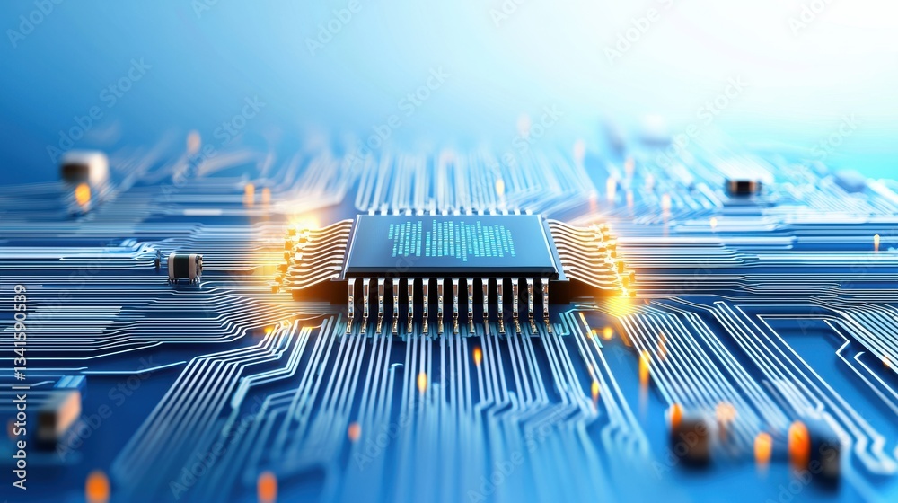 Poster Close-up view of a computer chip showcasing intricate details of circuitry and advanced technology.