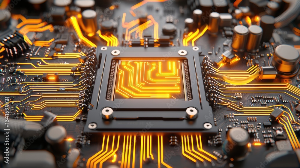 Poster Close-up view of a computer circuit board with glowing connections, showcasing modern technology and innovation.