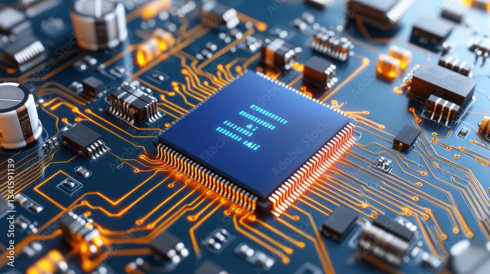 Aufkleber Close-up view of a microprocessor on a circuit board showcasing intricate details and connections, perfect for technology projects.
