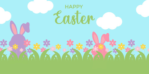 Happy Easter day banner with grass, flowers and bunny	